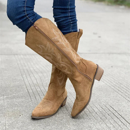 Stylish Women's Cowboy Boots in Suede with Embroidery and Block Heel for Casual Boho Looks 2