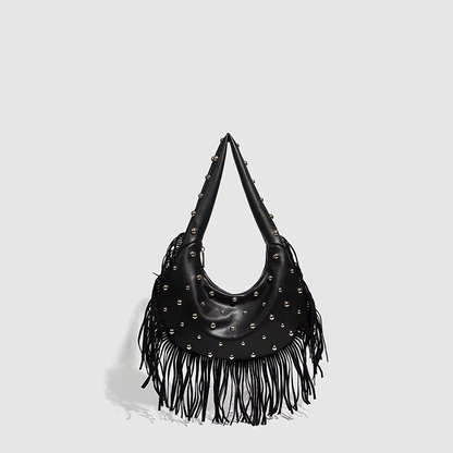 Stylish Women's Suede Handbag with Croissant Shape and Fringes – Retro Boho Tote Bag 0