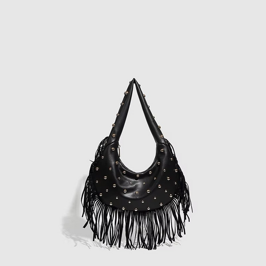 Stylish Women's Suede Handbag with Croissant Shape and Fringes – Retro Boho Tote Bag 0
