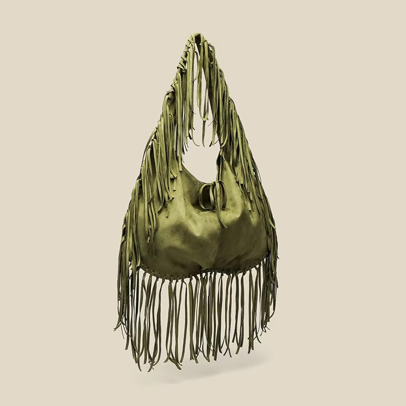 Stylish Women's Suede Handbag with Croissant Shape and Fringes – Retro Boho Tote Bag 1
