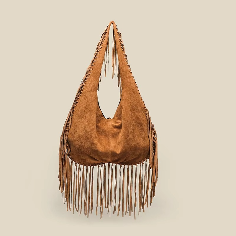 Stylish Women's Suede Handbag with Croissant Shape and Fringes – Retro Boho Tote Bag 3