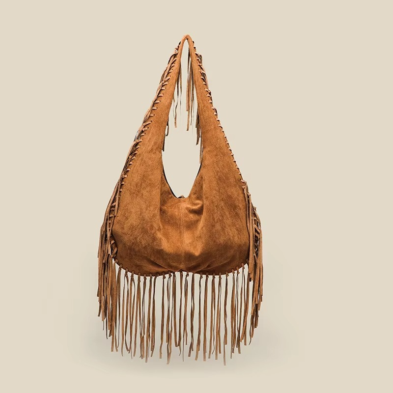 Stylish Women's Suede Handbag with Croissant Shape and Fringes – Retro Boho Tote Bag 4