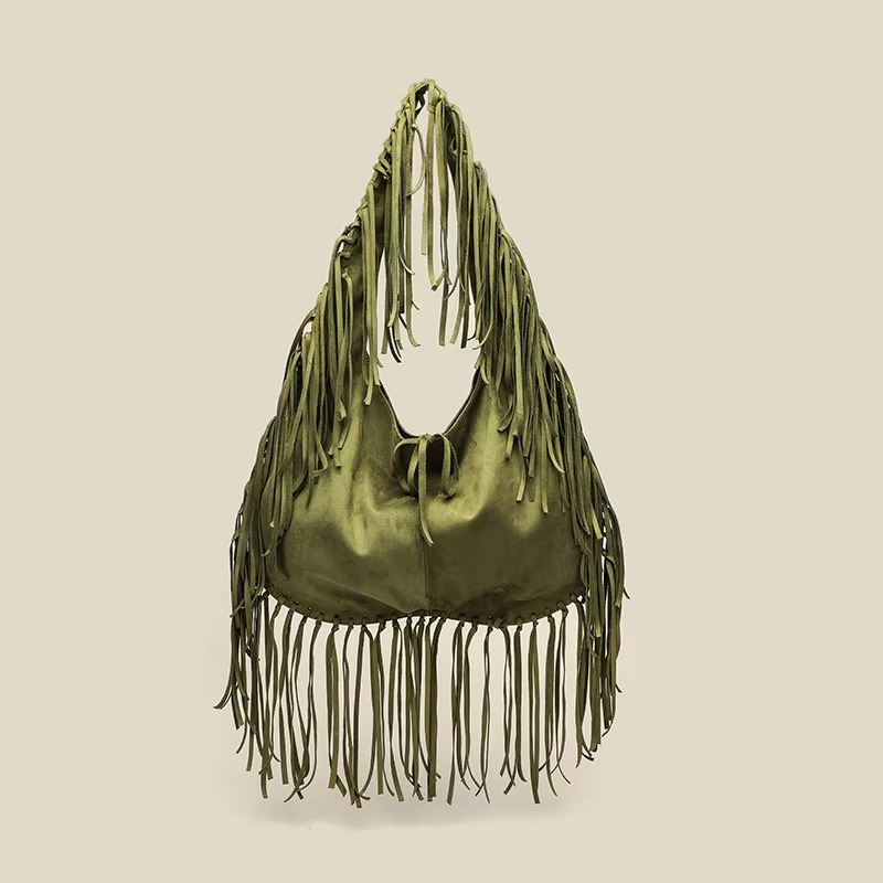 Stylish Women's Suede Handbag with Croissant Shape and Fringes – Retro Boho Tote Bag 5