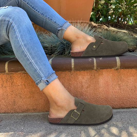 Stylish Women's Suede Mules with Cork Insole and Arch Support – Comfortable Slip-On Shoes 1