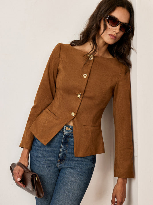 Suede Fitted Metal Button Jacket 0