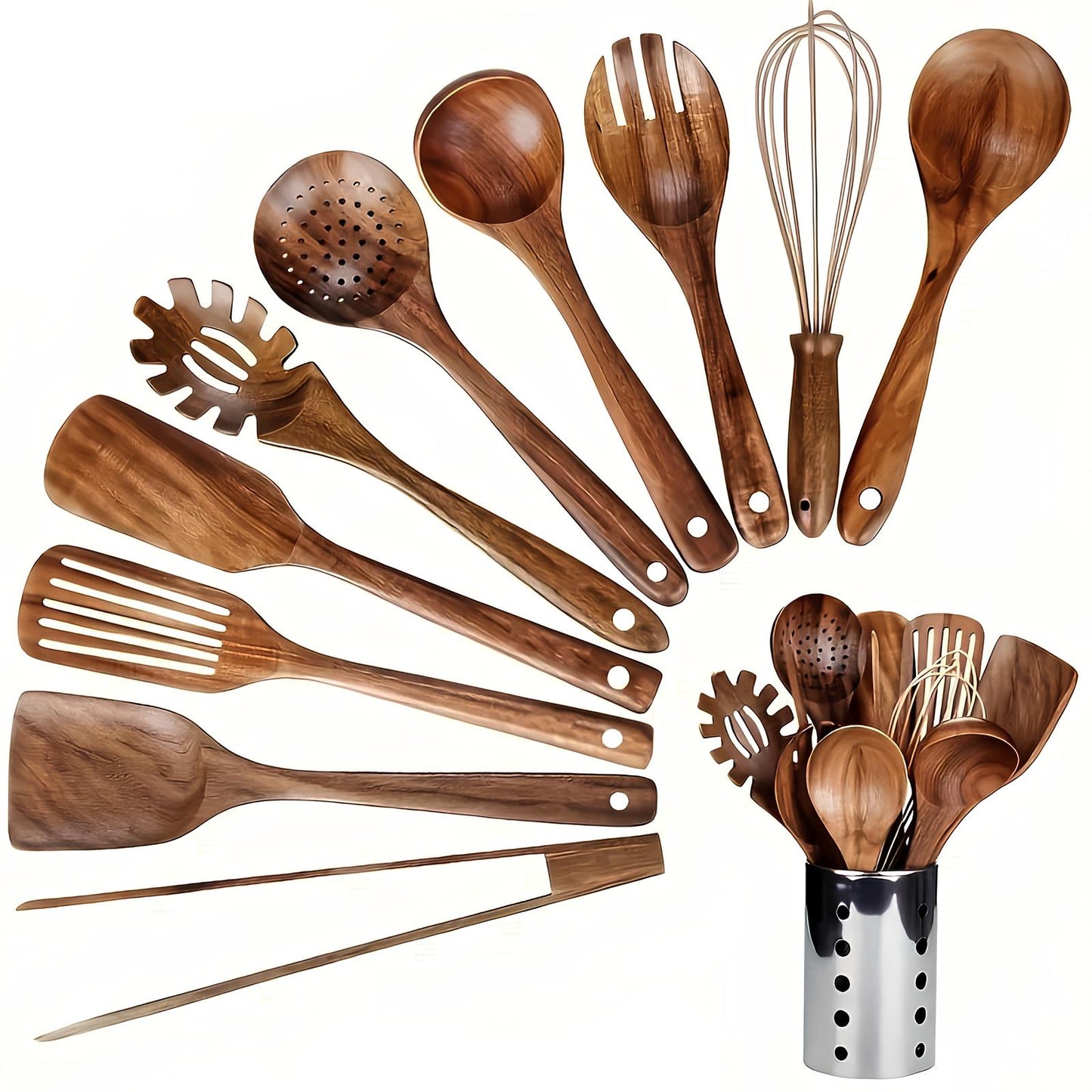 TeakElegance | Stylish Natural Teak 11-Piece Kitchen Utensil Set 0