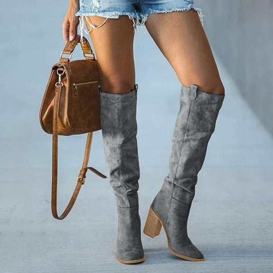 Trendy Women's Gray Block Heel Boots – Urban Western Style for Versatile Outfits 0