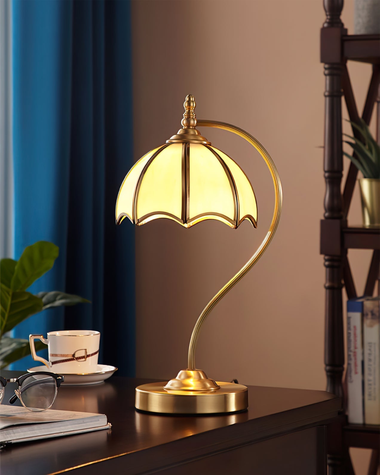 ChicBreeze – Brass and Glass Table Lamp with Umbrella Design