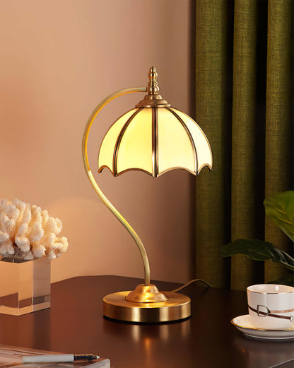 ChicBreeze – Brass and Glass Table Lamp with Umbrella Design