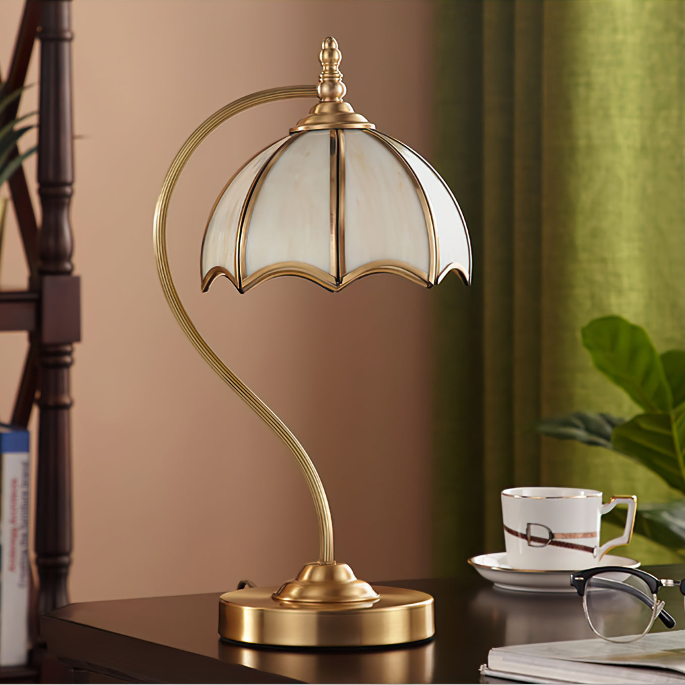 ChicBreeze – Brass and Glass Table Lamp with Umbrella Design