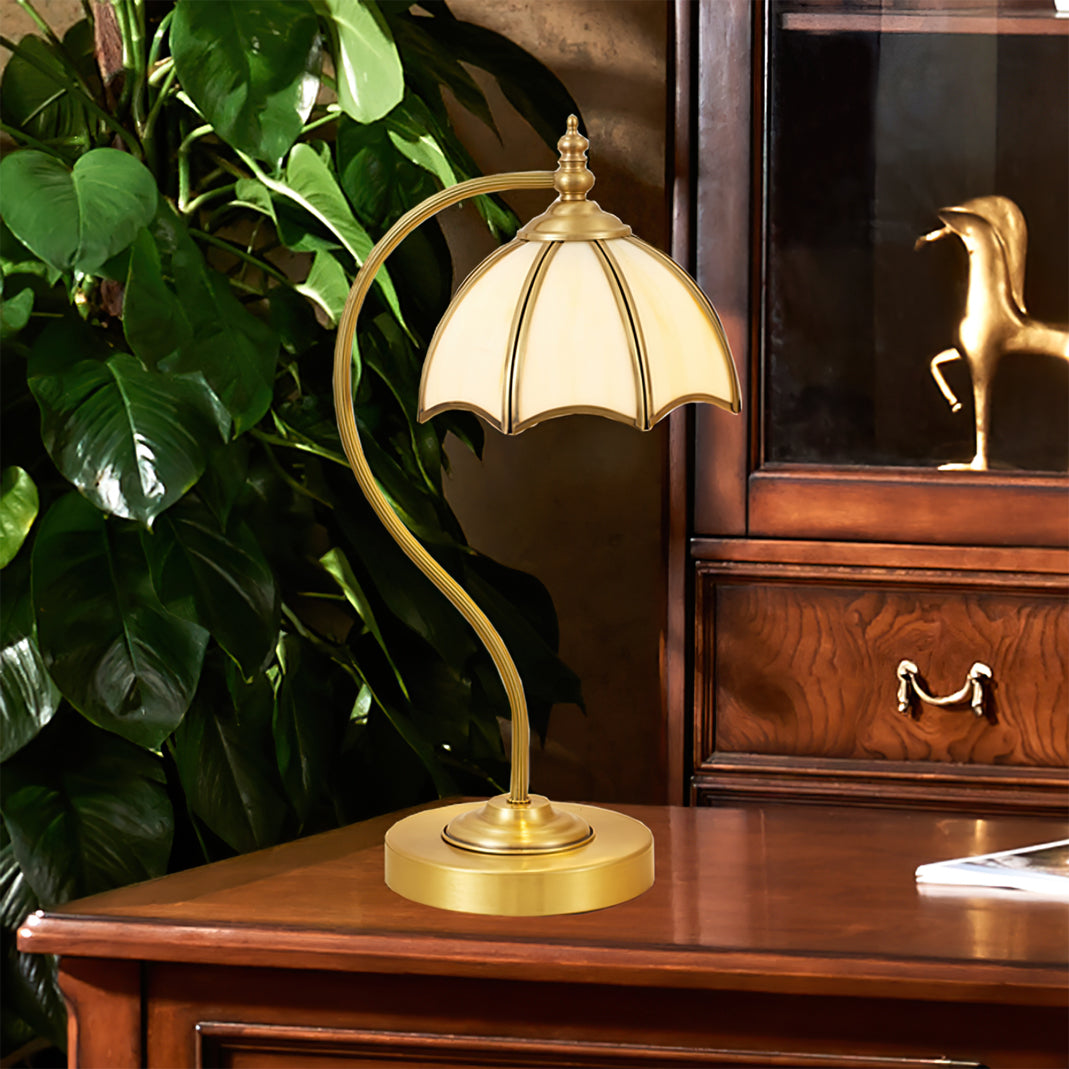 ChicBreeze – Brass and Glass Table Lamp with Umbrella Design