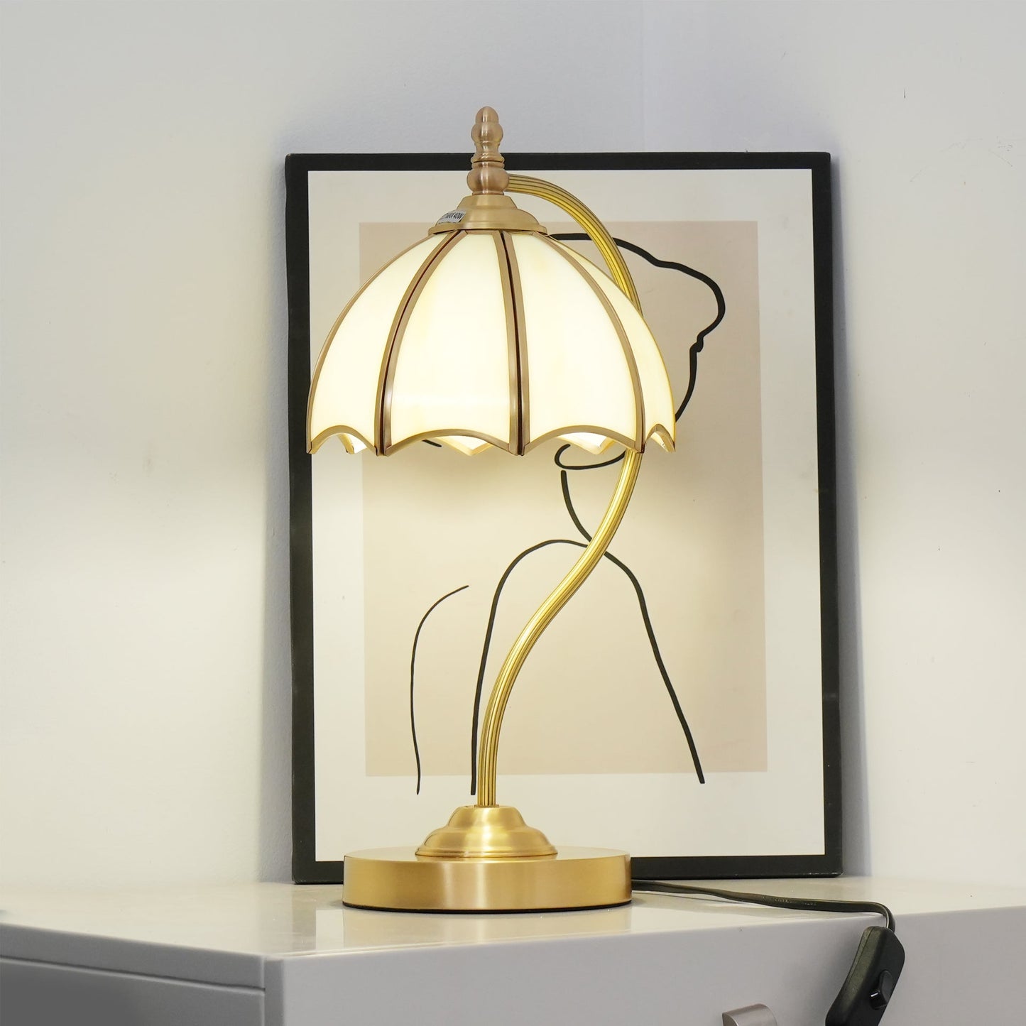 ChicBreeze – Brass and Glass Table Lamp with Umbrella Design