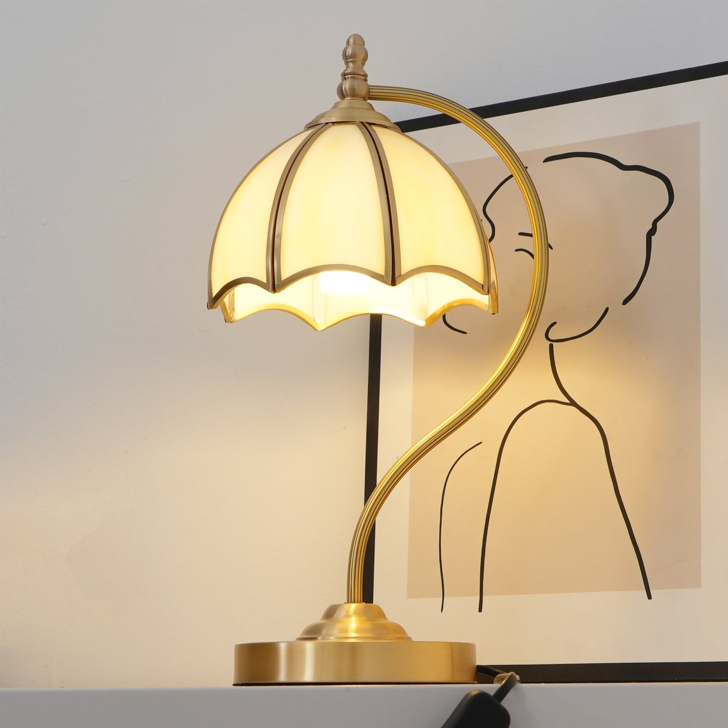 ChicBreeze – Brass and Glass Table Lamp with Umbrella Design