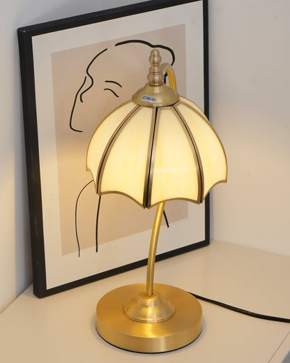 ChicBreeze – Brass and Glass Table Lamp with Umbrella Design