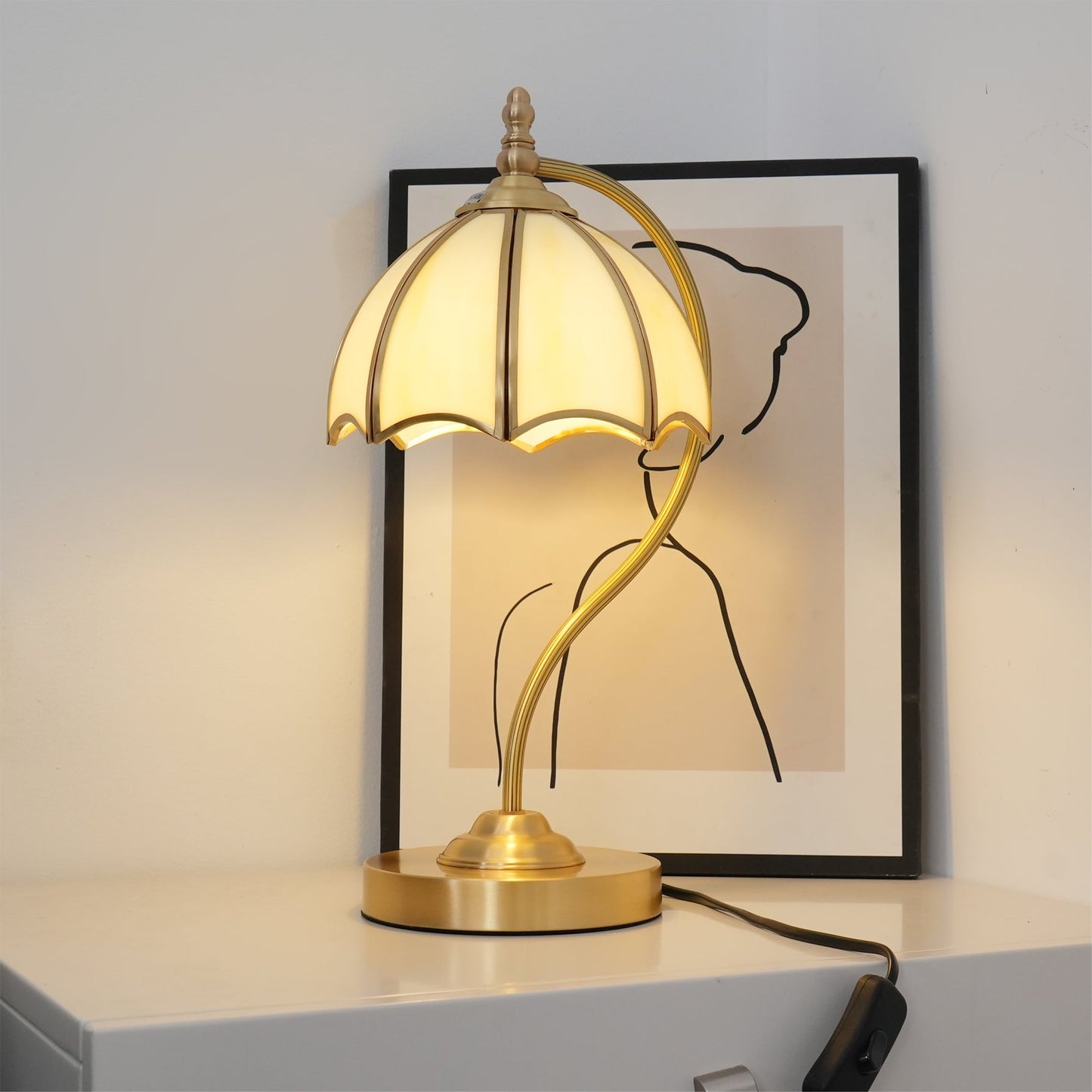 ChicBreeze – Brass and Glass Table Lamp with Umbrella Design