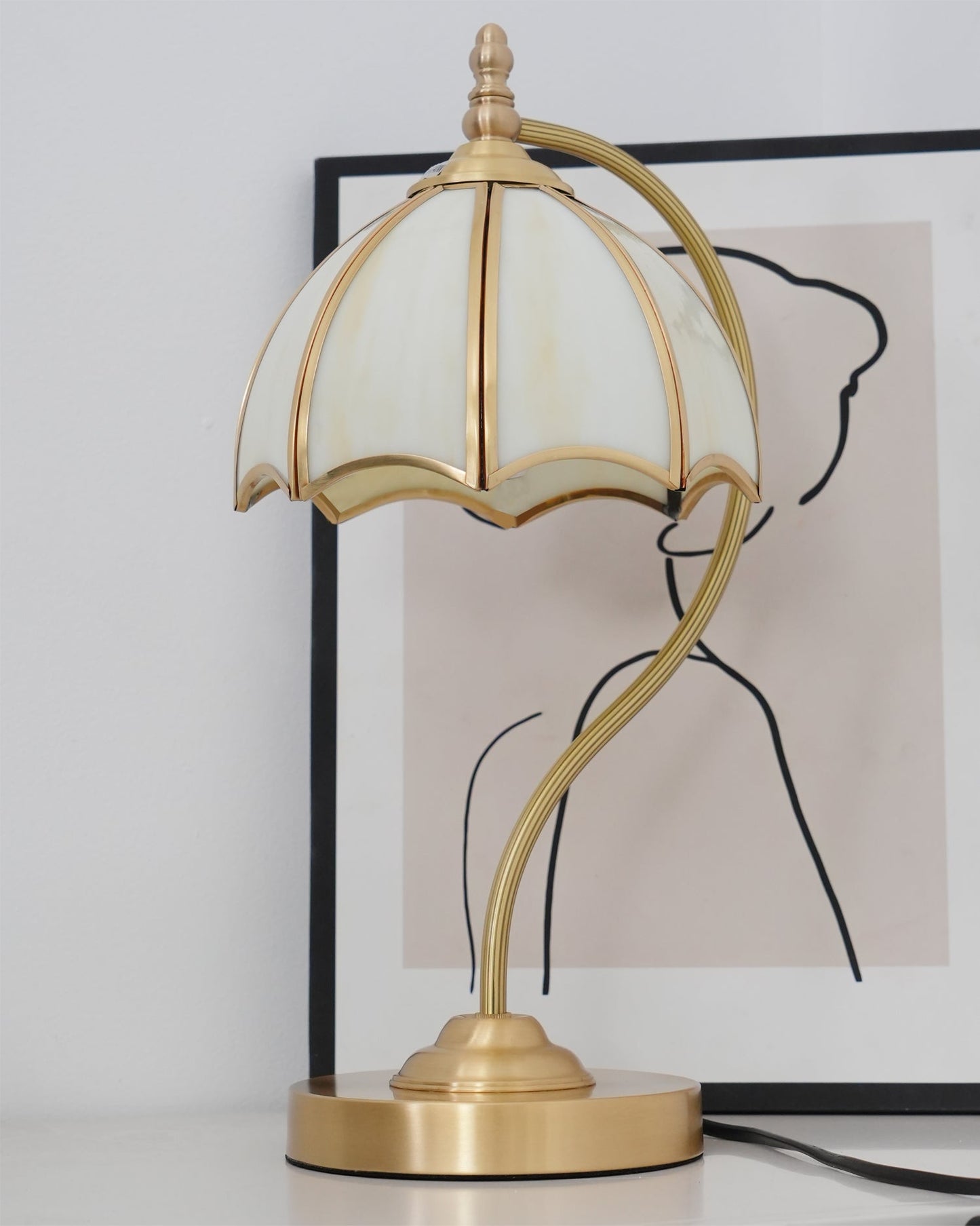 ChicBreeze – Brass and Glass Table Lamp with Umbrella Design