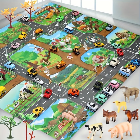 VibrantPlay | Colorful Interactive Children's Farm & Traffic Play Mat 0