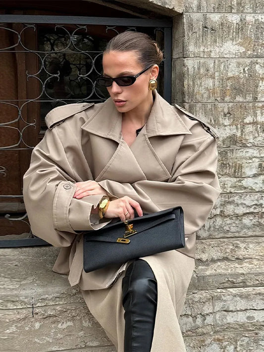Vintage Women's Short Trench Coat with Turn-Down Collar and Shoulder Pads - Chic Women's Jacket 0