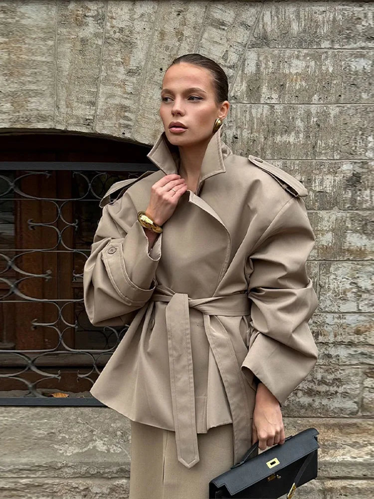 Vintage Women's Short Trench Coat with Turn-Down Collar and Shoulder Pads - Chic Women's Jacket 1