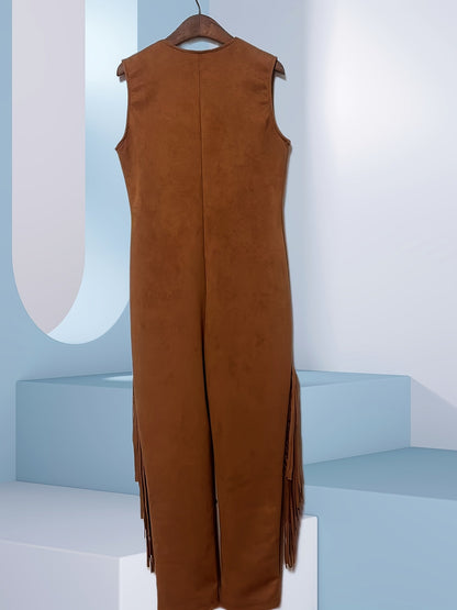 Western Halloween Cowgirl Costume Jumpsuit | Suede Fringe Sleeveless 2