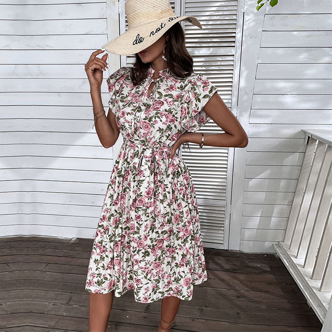 Variant image for Elegant Floral Women's Dress with Belt - Summer Mid-Rise Pink Rose Design-1