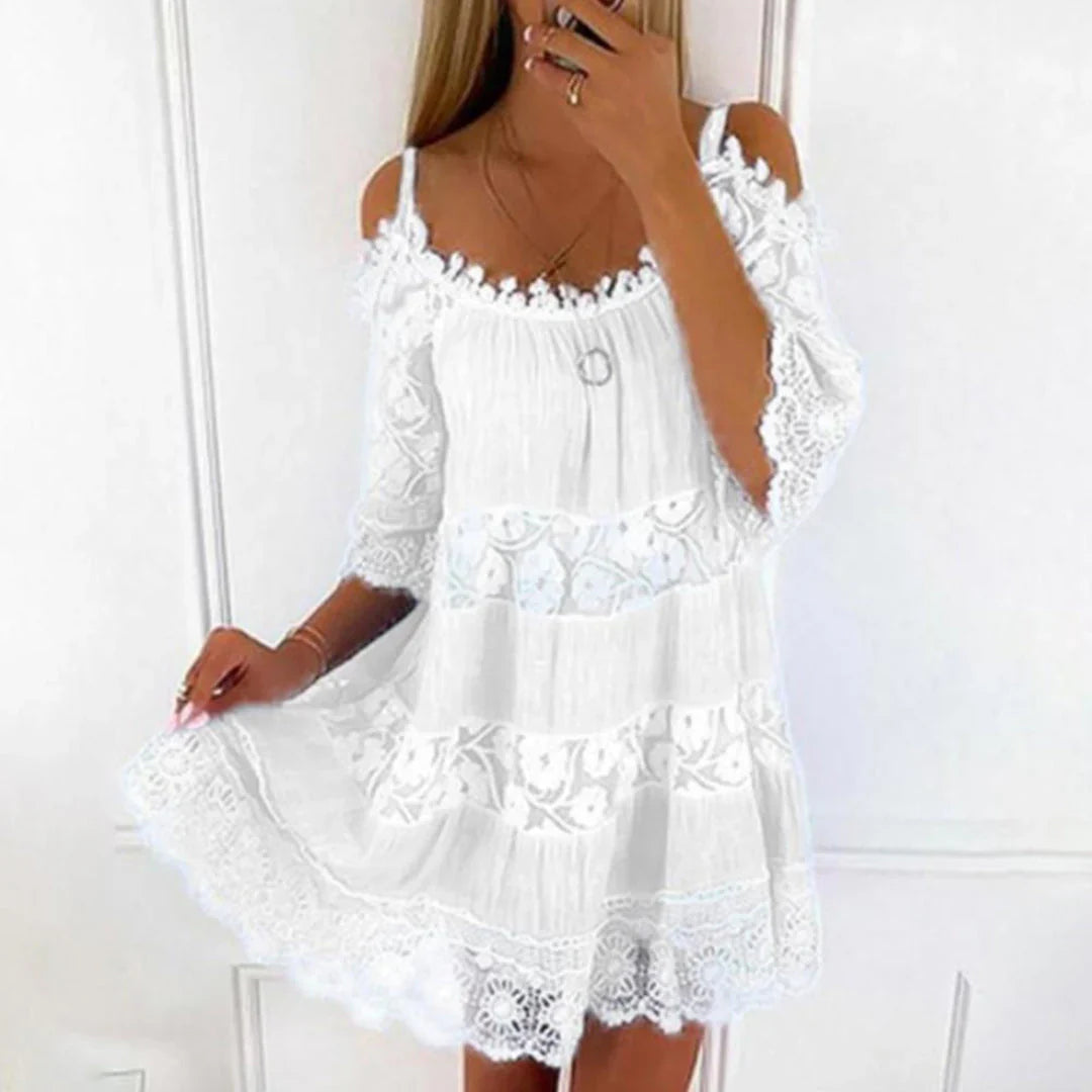 Mila Women's Summer Dress - Crocheted Lace Cold Shoulder Mini Dress-2