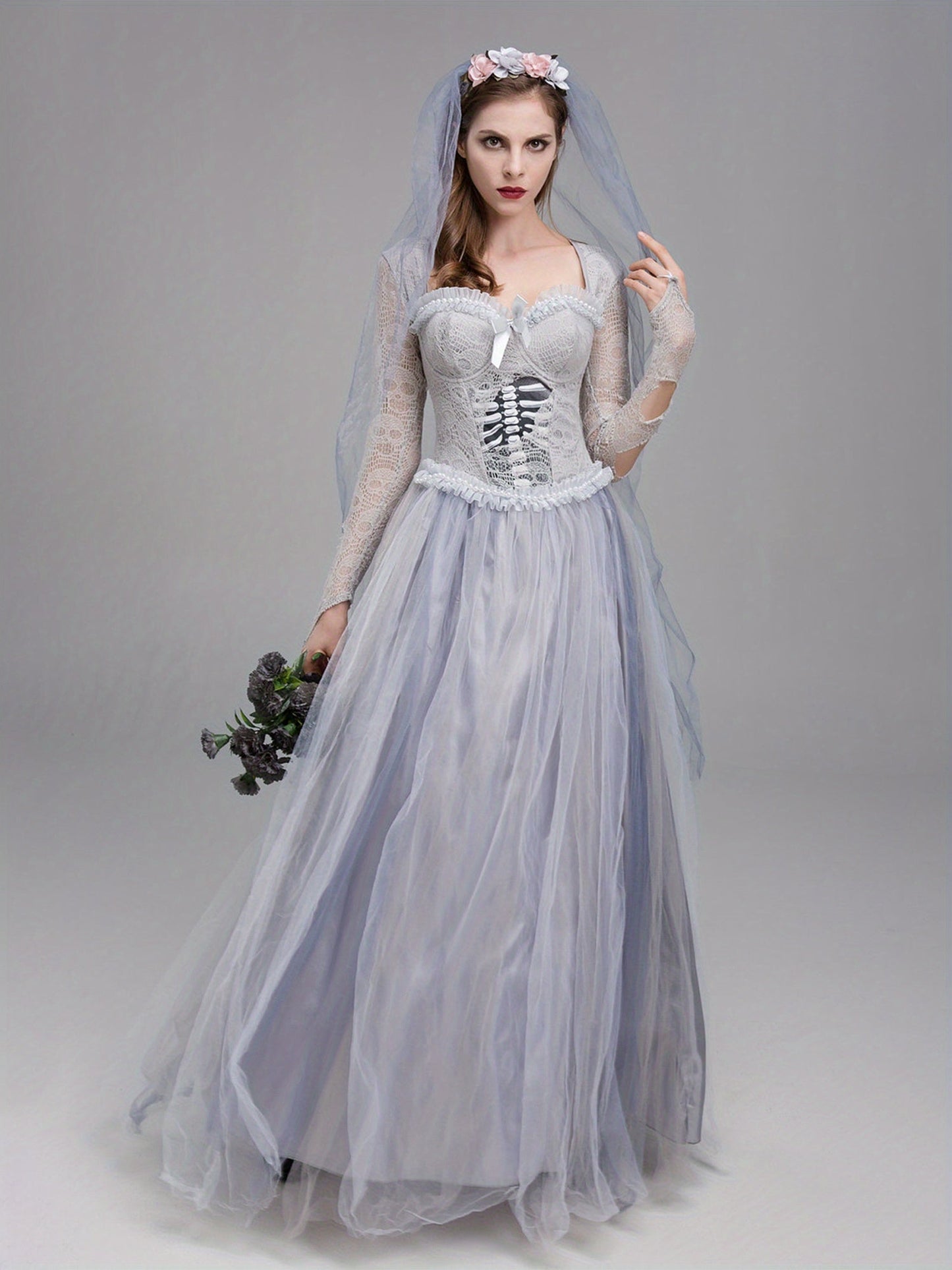 Women Gothic Lace Halloween Corpse Bride Costume Dress | Maxi 3