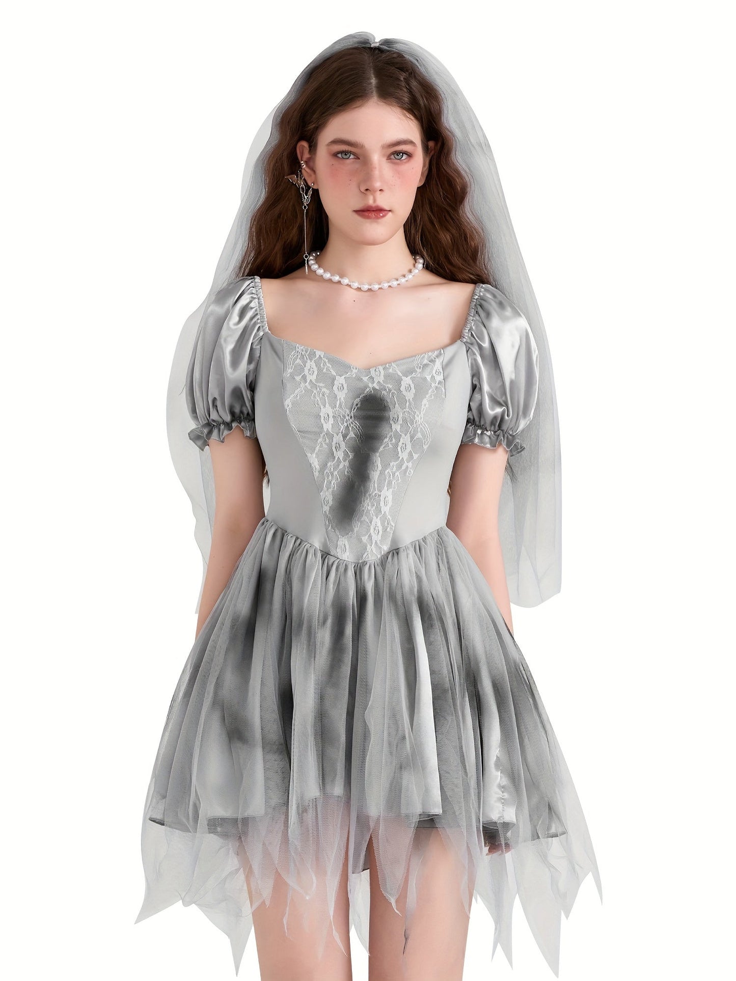 Women Gothic Puff Sleeve Halloween Corpse Bride Costume Dress | Mini 0