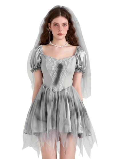 Women Gothic Puff Sleeve Halloween Corpse Bride Costume Dress | Mini 0