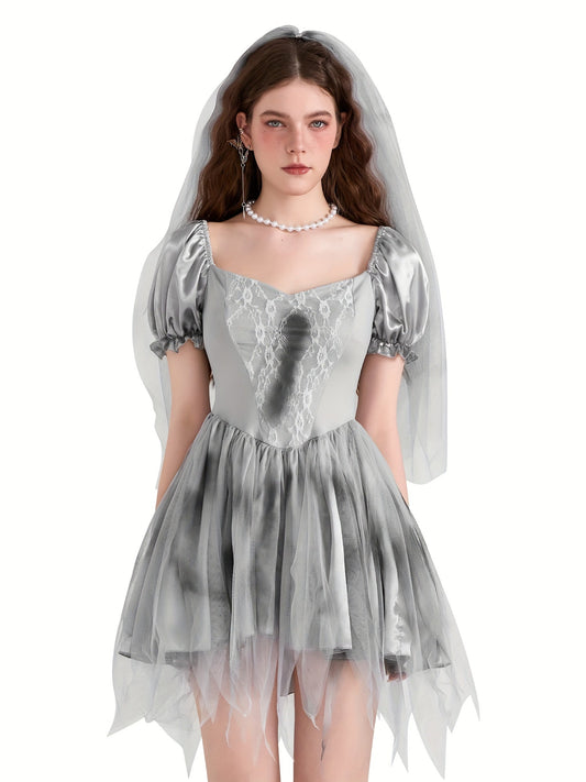Women Gothic Puff Sleeve Halloween Corpse Bride Costume Dress | Mini 0