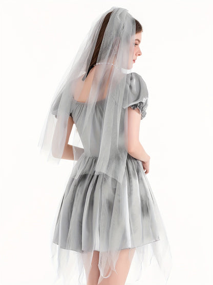 Women Gothic Puff Sleeve Halloween Corpse Bride Costume Dress | Mini 2