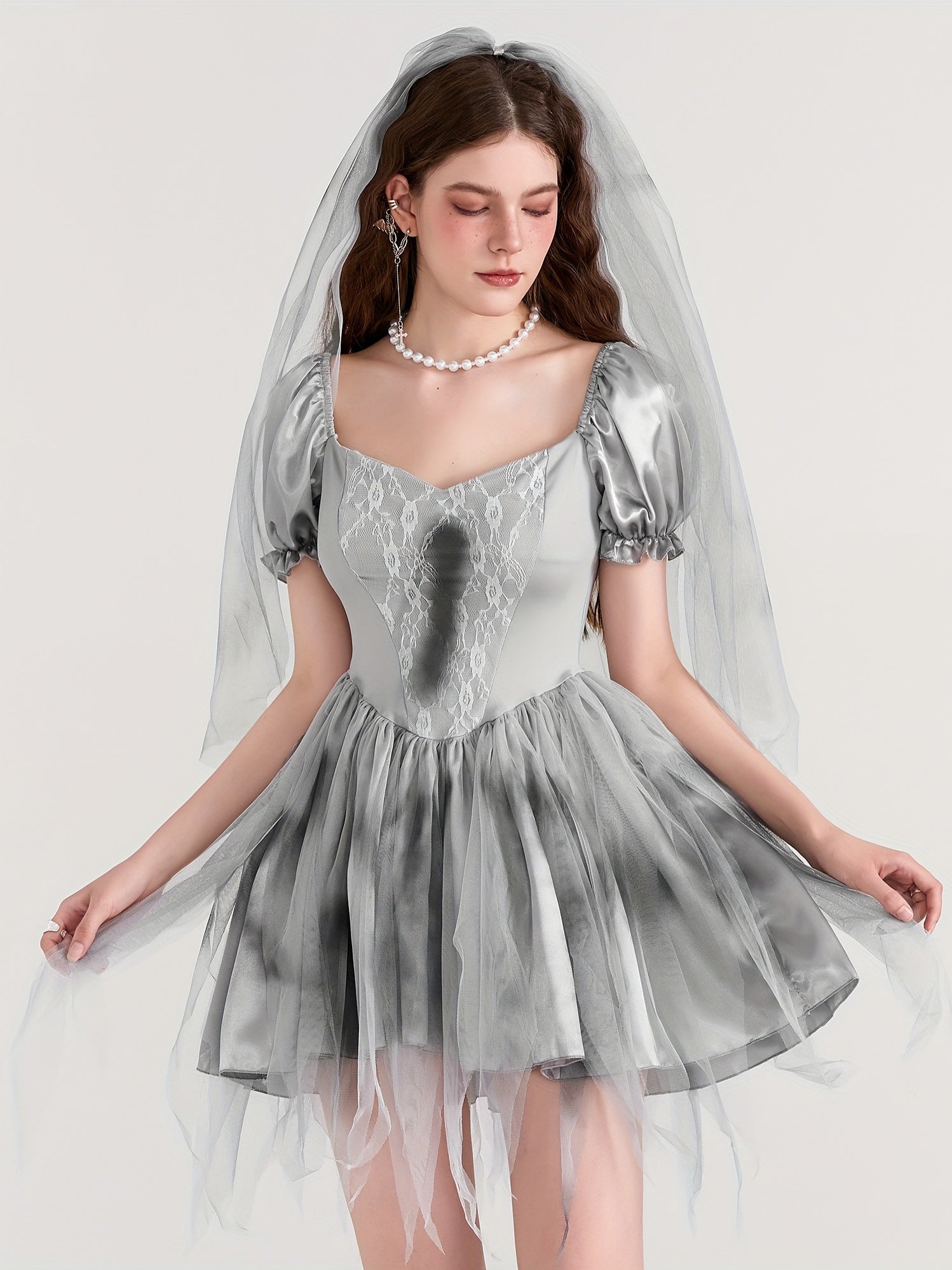 Women Gothic Puff Sleeve Halloween Corpse Bride Costume Dress | Mini 3