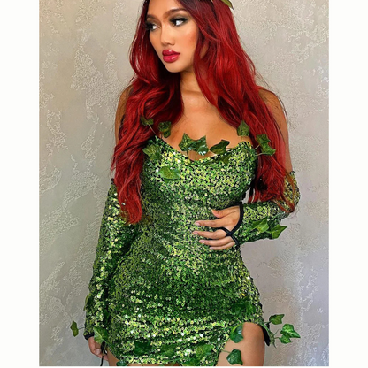 Women Sequin Leaf Halloween Costume Dress |   Strapless Mini 1