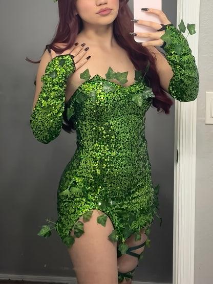 Women Sequin Leaf Halloween Costume Dress |   Strapless Mini 3