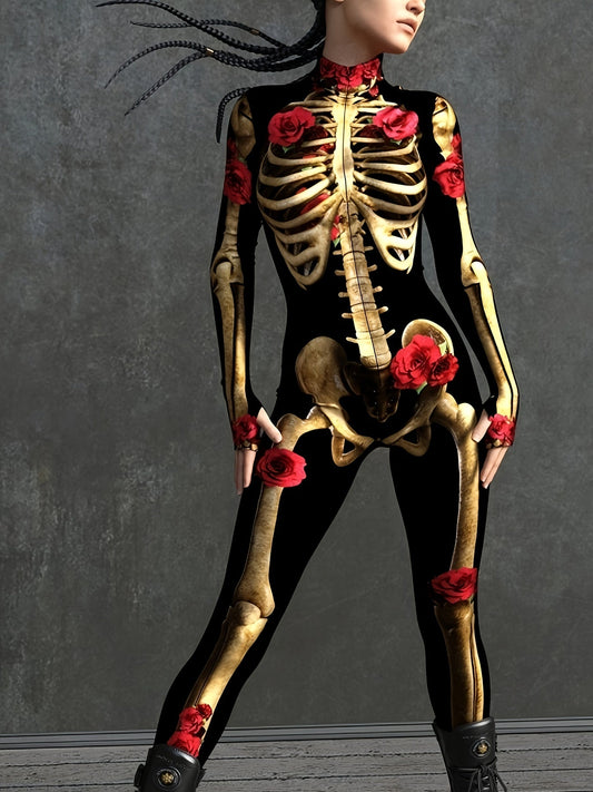 Women Skeleton Print Halloween Costume Jumpsuit | Long Sleeve Stretchy 0