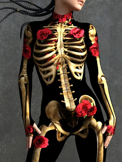 Women Skeleton Print Halloween Costume Jumpsuit | Long Sleeve Stretchy 1