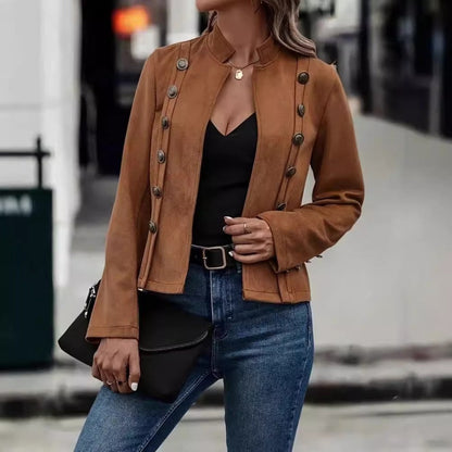 Women's Double-Breasted Velvet Jacket with Mandarin Collar – Retro Style, Soft Deerskin Texture 0