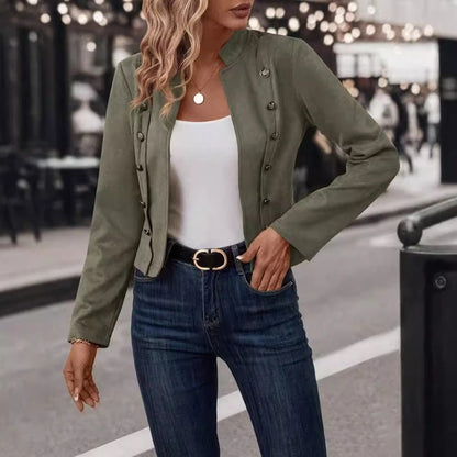 Women's Double-Breasted Velvet Jacket with Mandarin Collar – Retro Style, Soft Deerskin Texture 3