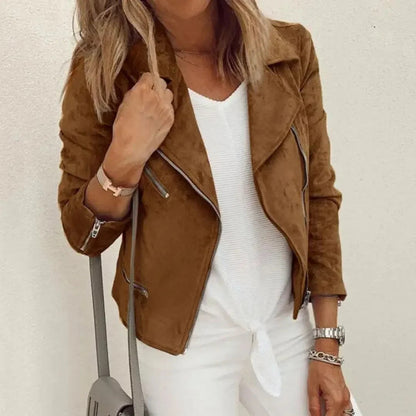 Women's Faux Suede Moto Jacket with Asymmetrical Zip and Zippered Pockets – Tailored Fit Women's Coat 0