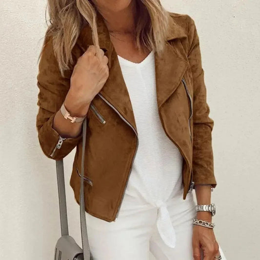 Women's Faux Suede Moto Jacket with Asymmetrical Zip and Zippered Pockets – Tailored Fit Women's Coat 0