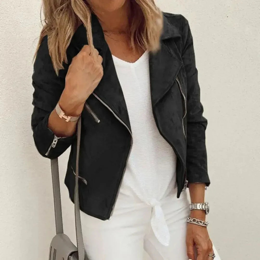 Women's Faux Suede Moto Jacket with Asymmetrical Zip and Zippered Pockets – Tailored Fit Women's Coat 2