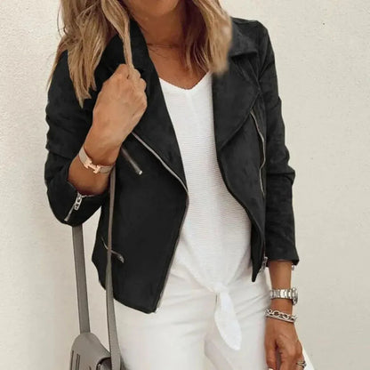 Women's Faux Suede Moto Jacket with Asymmetrical Zip and Zippered Pockets – Tailored Fit Women's Coat 2