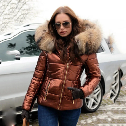 Women’s Fitted Quilted Puffer Jacket with Faux Fur Hood – Stylish Cold Weather Outerwear 2
