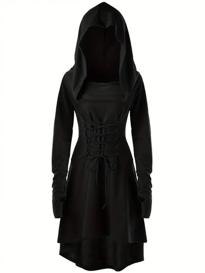 Women’s Gothic Lace Up Halloween Movie Costume Dress | Hooded Long Sleeve 0