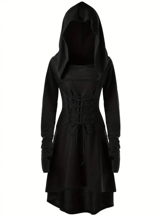 Women’s Gothic Lace Up Halloween Movie Costume Dress | Hooded Long Sleeve 0