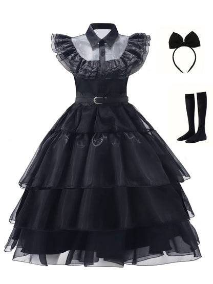 Women’s Gothic Ruffle Halloween Movie Costume Dress | Layered Midi Set 0