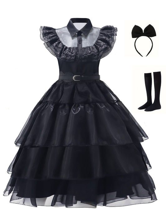 Women’s Gothic Ruffle Halloween Movie Costume Dress | Layered Midi Set 0