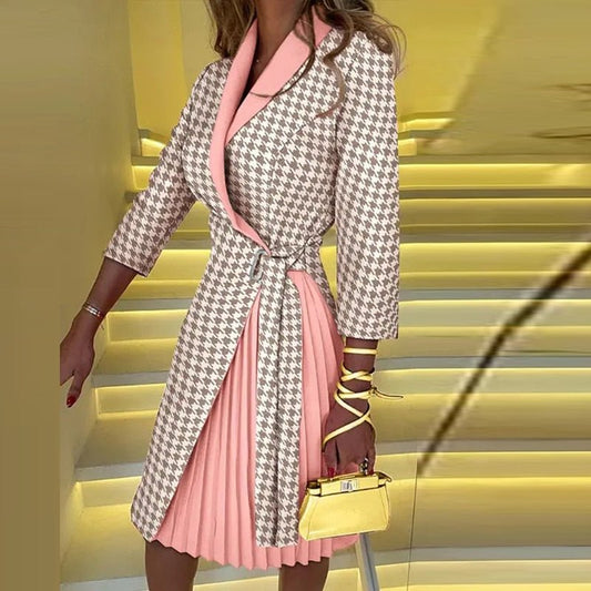 Women's Houndstooth Coat Dress with Tie-Waist Belt and Pleated Skirt – Formal Three-Quarter Sleeve Dress 0