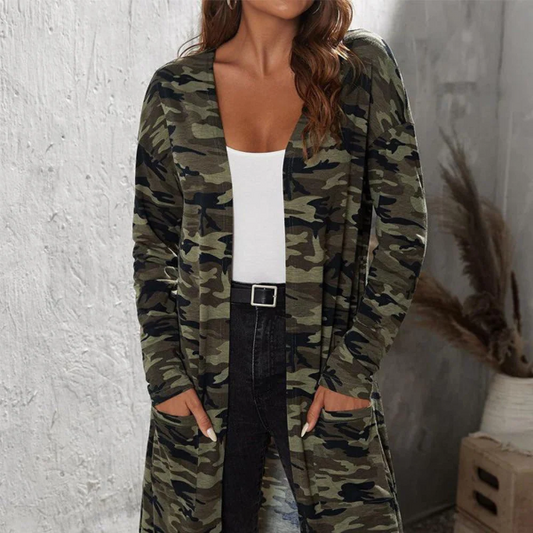 Women's Long Camo Jacket - Relaxed Fit Cotton Blend with Pockets for Casual Wear 0