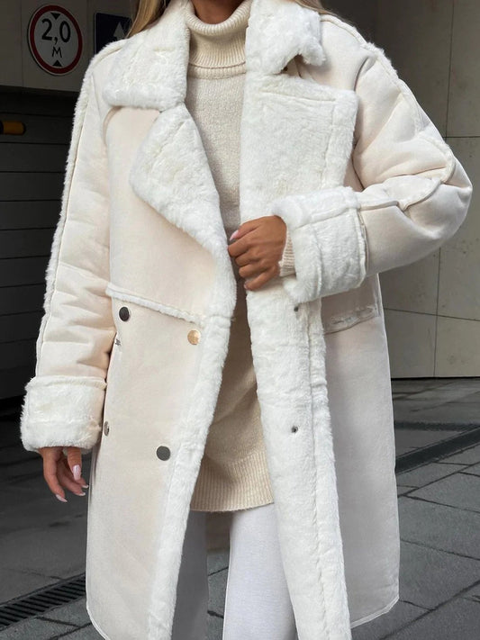 Women's Long Suede Cardigan with Suit Collar - Elegant Fall and Winter Outerwear 0